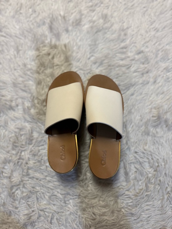 Chloe Camille Wedge Slide Sandals white Tan Gold Cork Platform - Picture 16 of 16